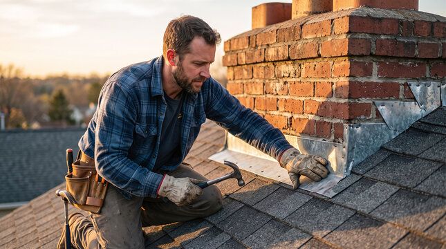 Technician nailing new flashing at a chimney base at dusk