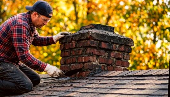 Mason rebuilding a weathered chimney top against autumn trees