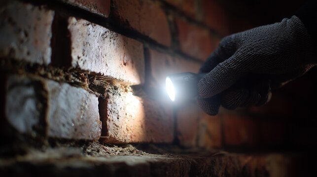 Flashlight revealing a failed mortar joint inside a chimney wall