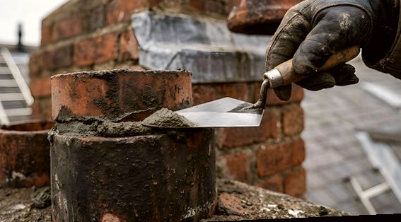 Fresh mortar troweled around a clay pot on a prewar chimney