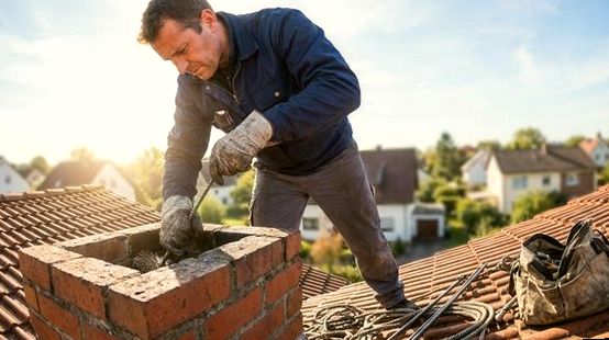 Chimney sweep working a brick stack under bright sun in Valley Stream NY